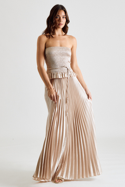 STRAPLESS SMOCKED PLEATED MAXI DRESS