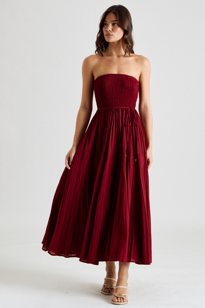 STRAPLESS SMOCKED PLEATED MIDI DRESS