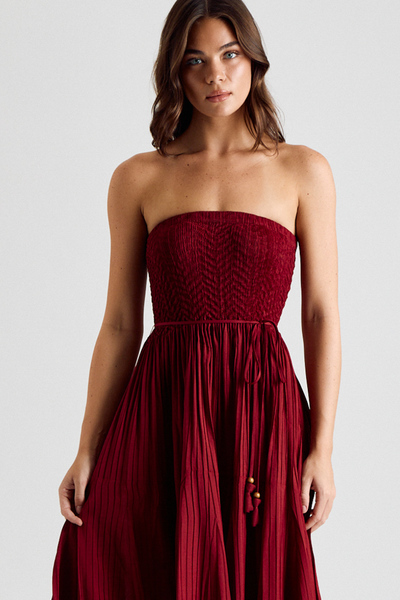 STRAPLESS SMOCKED PLEATED MIDI DRESS
