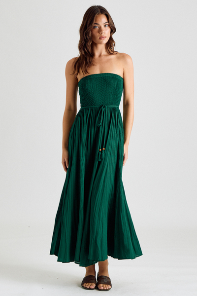 STRAPLESS SMOCKED PLEATED MIDI DRESS