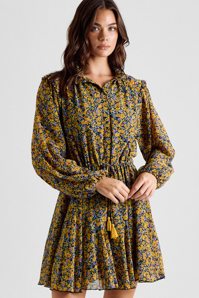LONG SLEEVE FLORAL TIE-WAIST MINI DRESS