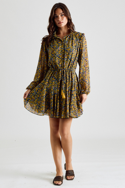 LONG SLEEVE FLORAL TIE-WAIST MINI DRESS