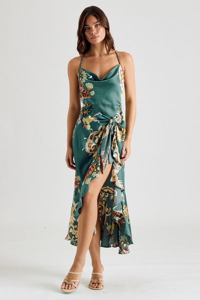 COWL NECK TIE-WAIST PRINTED MIDI DRESS