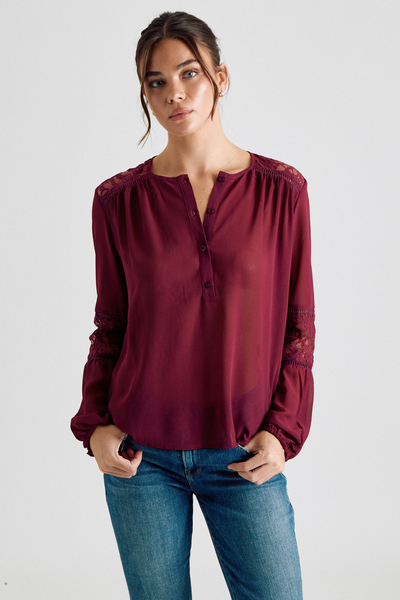 LONG SLEEVE LACE DETAIL BUTTON DOWN BLOUSE