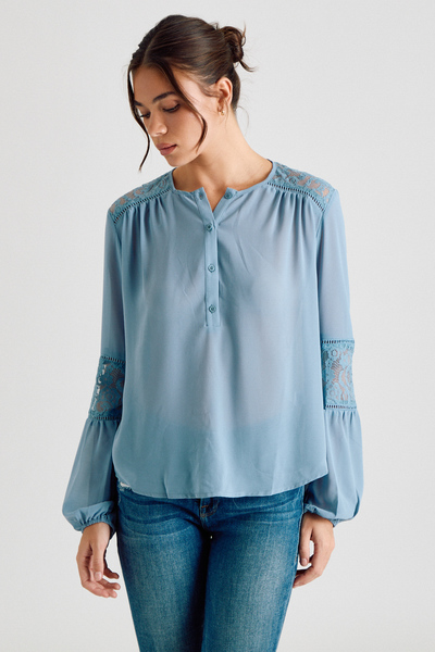 LONG SLEEVE LACE DETAIL BUTTON DOWN BLOUSE