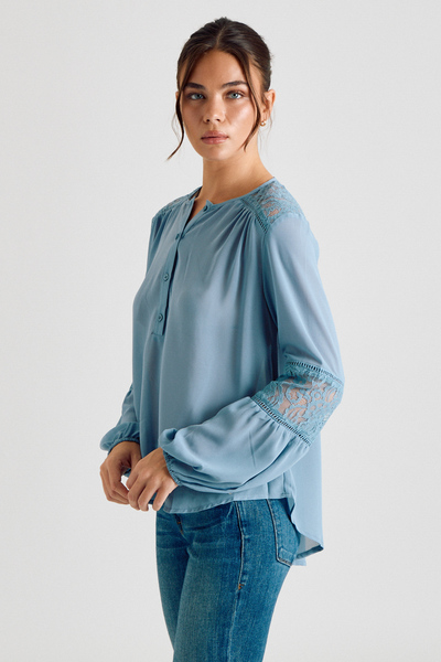 LONG SLEEVE LACE DETAIL BUTTON DOWN BLOUSE