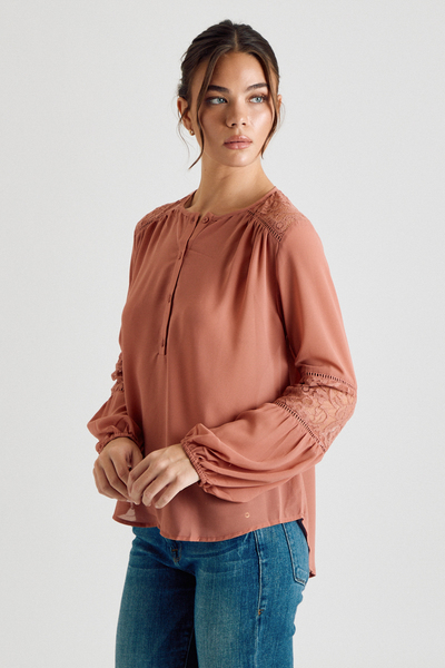 LONG SLEEVE LACE DETAIL BUTTON DOWN BLOUSE