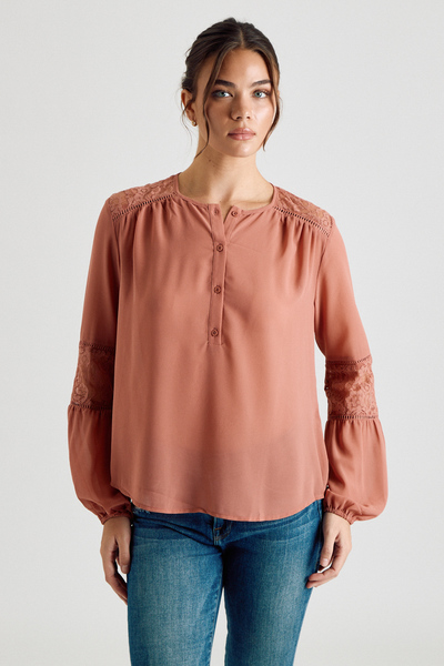 LONG SLEEVE LACE DETAIL BUTTON DOWN BLOUSE