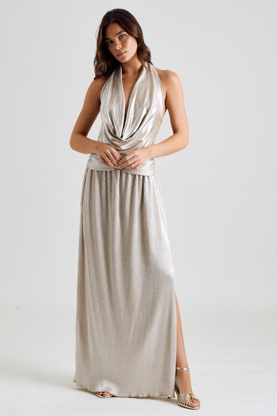 COWL NECK HALTER PLEATED MAXI DRESS
