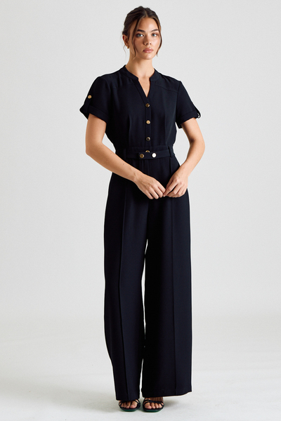 SHORT ROLL-UP SLEEVE BELTED WIDE LEG JUMPSUIT