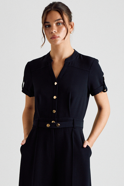 SHORT ROLL-UP SLEEVE BELTED WIDE LEG JUMPSUIT