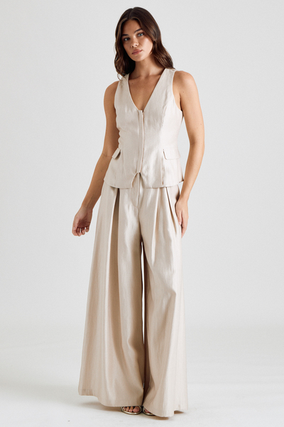 SLEEVELESS V NECK VEST AND WIDE LEG PANTS SET