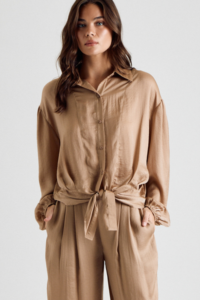 WET SATIN FRONT TIE BLOUSE AND WIDE LEG PANTS SET