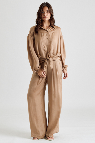 WET SATIN FRONT TIE BLOUSE AND WIDE LEG PANTS SET