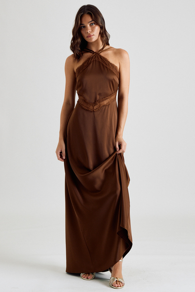 SATIN LACE TRIM OPEN BACK HALTER MAXI DRESS