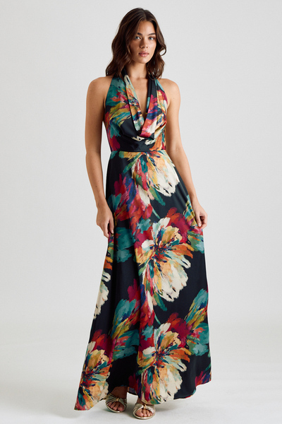 FLORAL COWL NECK HALTER OPEN BACK MAXI DRESS