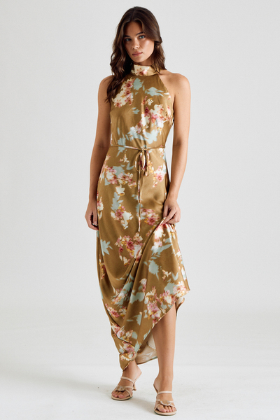 SATIN FLORAL HALTER TIE WAIST MAXI DRESS