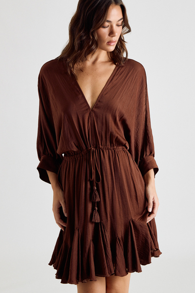 3/4 DOLMAN SLEEVE TIE WAIST MINI DRESS