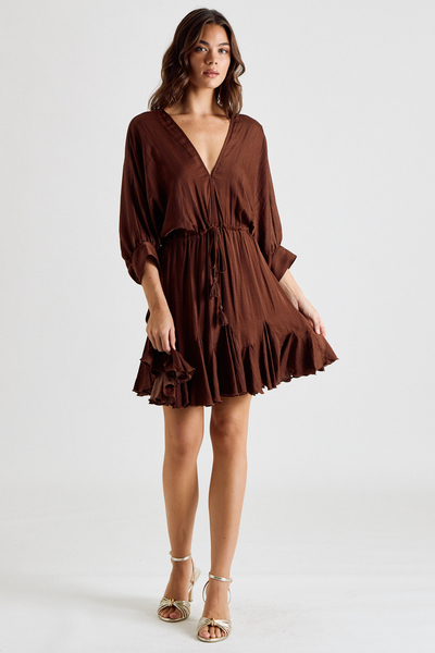 3/4 DOLMAN SLEEVE TIE WAIST MINI DRESS