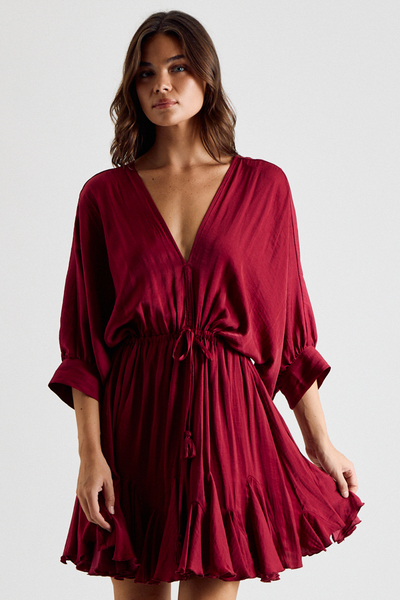 3/4 DOLMAN SLEEVE TIE WAIST MINI DRESS
