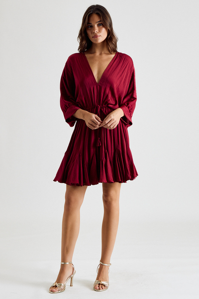 3/4 DOLMAN SLEEVE TIE WAIST MINI DRESS