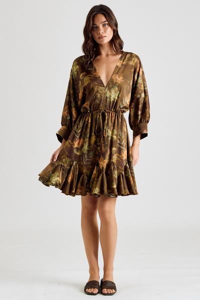 FLORAL DOLMAN SLEEVE TIE WAIST MINI DRESS