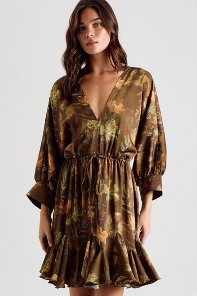 FLORAL DOLMAN SLEEVE TIE WAIST MINI DRESS
