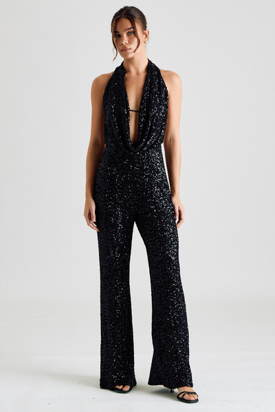 SEQUIN DEEP COWL HALTER JUMPSUIT