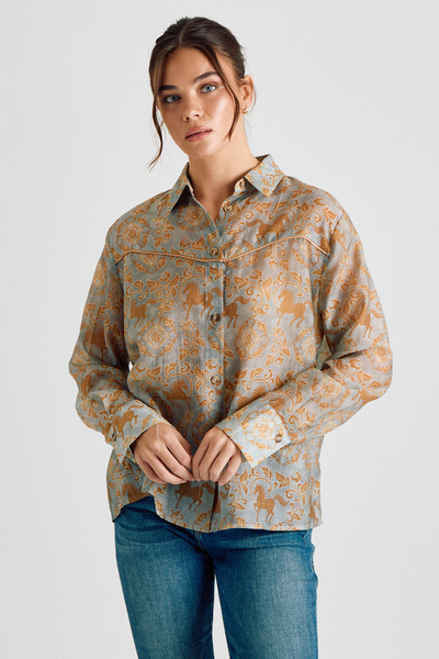 HORSE PRINT PIPING DETAIL BUTTON DOWN SHIRT