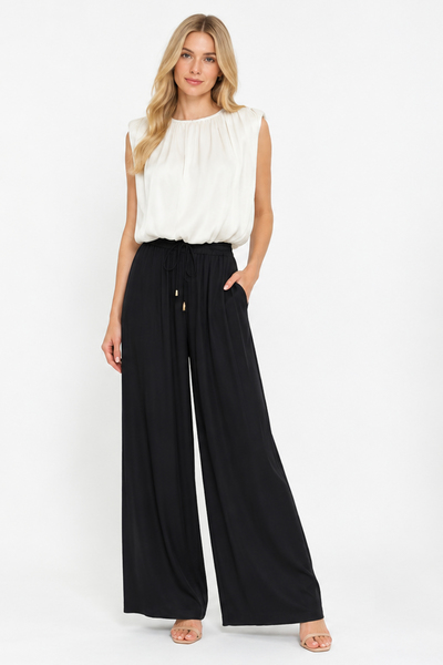 SLEEVELESS SHOULDER PAD WIDE LEG PANTS SET