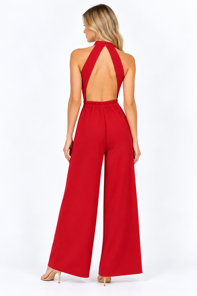 HALTER COWL NECK OPEN BACK WIDE LEG JUMPSUIT