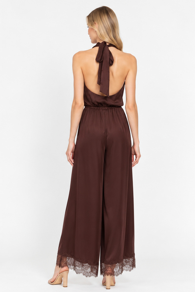 COWL NECK HALTER LACE TRIM WIDE LEG JUMPSUIT
